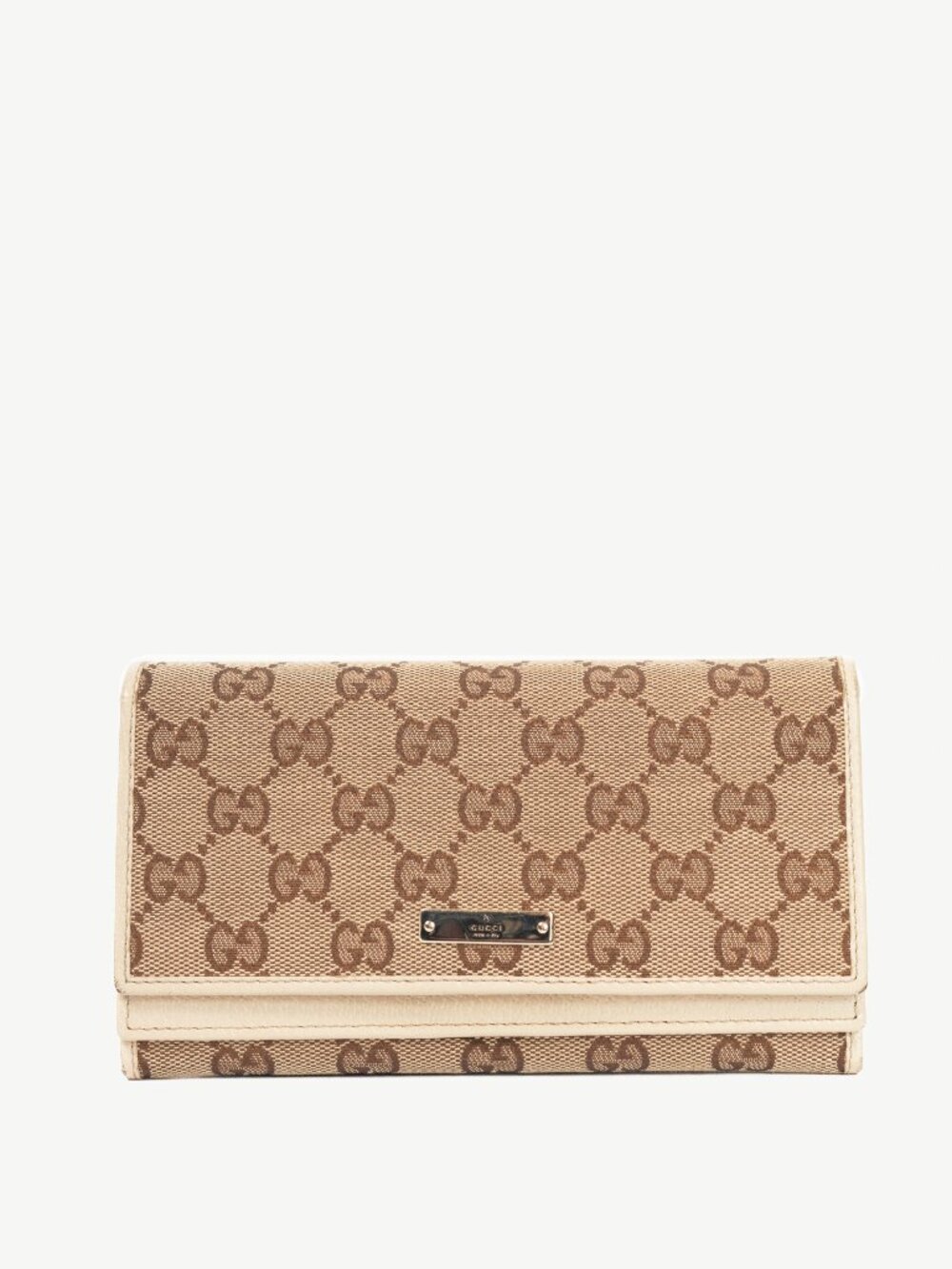 Gucci Beige & Ebony GG Canvas Cream-Trim Flap Wallet